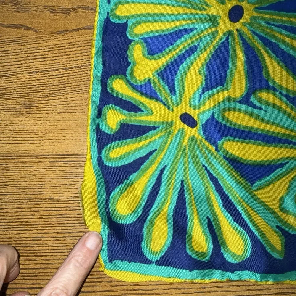 Vintage Silk Vera Neumann Scarf 22x23 Blue Aqua Yellow Floral Mod Signed EUC